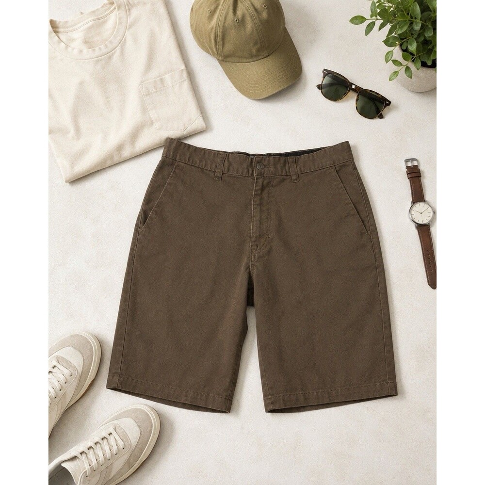 Volcom Men’s 32 Brown Stretch Chino Shorts Casual Flat Front Walking Shorts